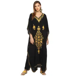 craftbazar Women's Boho Golden Embroidered Black Kaftan (Size-XL) image 1