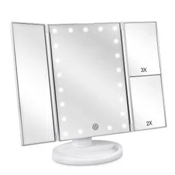 Deweisn Tri-Fold Lighted Vanity Makeup Mirror with 21 LED Lights, Touch Screen and 3X/2X/1X Magnification, Frameless, Tabletop, Modern, Animal Theme, 17x27.5cm image 1