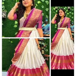 renvaani fashion Women's Indian Traditional Unstitched Kanjivaram Silk Zari Lehenga Choli Along With Dupatta Attach With Unstitch Blouse Piece, Half Saree (LAHENGA KH142 ROSE OFF WHITE RAMA PURPLE) image 5