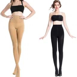 cotson ;lasting wear in every pair Women's Girls Skin and Black Combo, Waist High Stocking New Soft Stretch Opaque Pantyhose Fashion Tights (Pack of 2) image 1