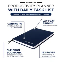 MOMENTUM PLANNER - Daily, Weekly, Monthly Productivity Planner Kit | Navy Blue Undated A5 size Planner | 192 Pages Journal + Motivational stickers + Motivational post card 2025 image 4