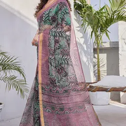 mirchi fashion Women's Kota Doria, Polyester Mix Leaf Floral Printed Saree with Blouse Piece image 3