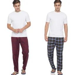 fflirtygo Combo of Mens Pyjama Night Wear, Cotton, Red Navy and Blue Yellow Check Night Pants for Men's Leisure Wear image 1