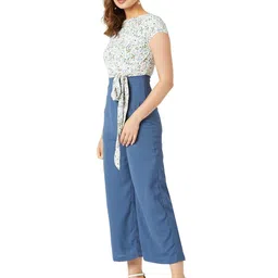 miss chase Women's Multicolored Round Neck Short Sleeves Floral Waist Tie-Up Regular Length Jumpsuit image 4