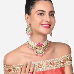 zaveri pearls Green & Pink Meenakari Lotus Multistrand Pearls Choker Necklace Earring & Ring Set For Women-ZPFK14831 image 3