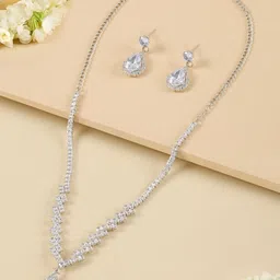 zaveri pearls Silver Tone Dazzling Austrian Diamonds Embellished Contemporary Necklace & Earring Set For Women-ZPFK18200 image 3
