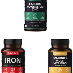 Boldfit Multivitamin, Vitamin C, E, Zinc & Calcium Tabletsand Men with Magnesium, Zinc, Vitamin D and B12-60 Tablets & Iron supplementwith Vitamin c, folic acid & Vitamin B12-60 Veg tablets image 1