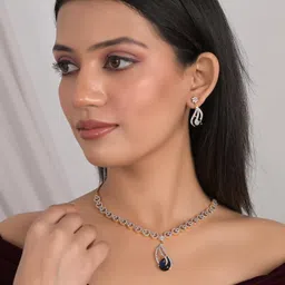 ratnavali jewels American Diamond Traditional Fashion Jewellery Blue Necklace Pendant Set with Earring for Women/Girls RV2896B image 2