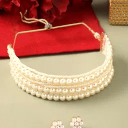 zaveri pearls White Pearls Multistrand Beaded Choker Necklace & Earring Set For Women-ZPFK16723 image 3