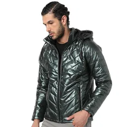 campus sutra Men's Quilted Puffer Jacket With Contrast Striped Sleeve For Casual Wear | Hood Neck | Long Sleeve | Zip Closure | Polyester Jacket Crafted With Comfort Fit For Everyday Wear image 1
