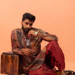 kisah Men's Maroon Printed Cotton Kurta – Regular Fit Long Tunic with Mandarin Collar | Ethnic Wear for Weddings & Festive Occasions image 2