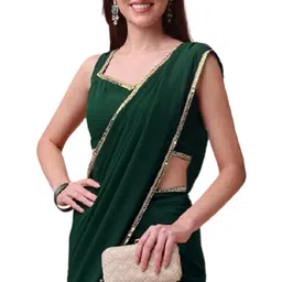 sataz Women's Ready to Wear Bottle Green Georgette 1 Minute Pre Pleated Mirror Lace Saree with Unstiched Blouse image 1