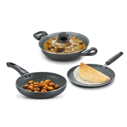 Prestige Omega Deluxe Granite Aluminium 3 Pcs Set- Tawa, Fry Pan & Kadai with 1 Glass Lid|Non-Stick|Spatter-Coated Surface|Induction & Gas Compatible|Black image 2