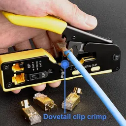 duogalia RJ45 Crimping Tool Kit Ethernet Crimp Tool Set, CAT5 Cat5e Cat6 Cat7 Crimper Stripper Cutter All-in-One Tool with 50PCS Connectors, 50PCS Covers, Network Cable Tester, Wire Stripper and Blades(Yellow) image 5