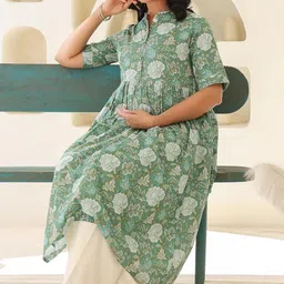 janasya Women's Sage Green Pure Cotton Floral Printed A-line Maternity Kurta image 3