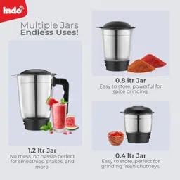 Indo Club Neo 500W Mixer Grinder | Titan Motor with 20,000 RPM | 3 Stainless Steel Jars (1.2L, 0.8L, 0.4L) | 3-Speed Control with Pulse | Auto Cut-Off Protection | ISI | 2-Year Warranty (Pink) image 3
