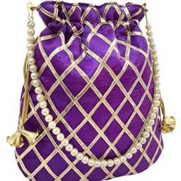 duchess Women's Gota Patti Purple Potli Bag Purse with Pearl Handle image 2