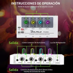 Bolanle PH400 4-Channel Headphone Amp with 8 Output Ports, 3.5mm & 6.35mm Jacks, Mono/Stereo Switch, 7 Color Breathing Light image 3