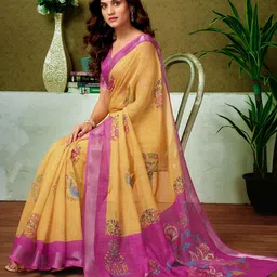 siril Women's Cotton Linen Printed Readymade Saree 1 Minute Ready to Wear Saree With Unstitched Blouse Piece image 5