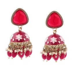 zaveri pearls Rani Pink Meenakari Stone & Cluster Beads Embellished Yellow Gold Jhumki Earring For Women-ZPFK14919 image 1