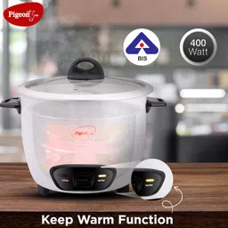 Pigeon by Stovekraft Joy Rice Cooker with Double pot, 1 litres. (White) | Toughened Glass Lid | 400 Watts | 2 Aluminium Cooking Pots | Measuring Cup| Spatula | Energy Efficient Cooking image 3