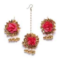 zeneme White & Gold Pearl Tasselled Gota Patti Floral Beaded Haldi & Mehendi Necklace With Earrings, Maang Tikka & Bracelet Jewellery Set For Girls and Women image 5