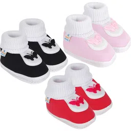 neska moda 6 To 12 Months Baby Boys & Girls Pack of 3 Pair Cotton Butterfly Booties image 1