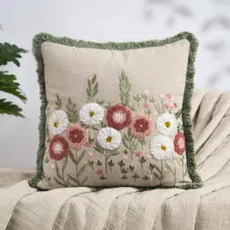 haus & kinder Decorative Embroidered Cushion Cover | Knitted Chambray Front Throw Pillow Cushion Cover for Sofa Living Room | 16inch x 16inch | Pastel Meadow image 2
