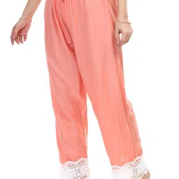Peach Rayon Palazzo with Sunflower Lace Design for Women II Women's Solid Peach Palazzo with Elegant Lace Detailing image 3
