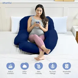 Cherilo Full Body G Shaped Pregnancy Pillow for Pregnant Women and Nursing Mom | Single Pillow for Multipurpose Use During Maternity | Premium Velvet Outer Cover with Zip | Grey+Navy Blue image 3