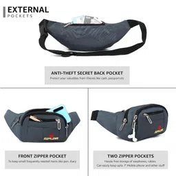 zipline Waist Bags for Men Women- Premium Stitching, Branded Zippers, Waterproof Pocket, Large Fanny Pack for Hiking Travel Camping Running Sports Outdoors, Money Belt with Adjustable Strap (Grey) image 3