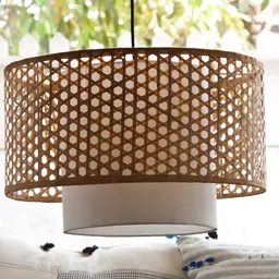 AKWAY Bamboo Lamp for Living Room Cane Pendant Light Rattan lamp for Hanging Bamboo Ceiling lamp for Home Decoration (Beige 14 Dia x 7) image 5