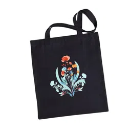 Floral Print Canvas Tote Bag with Zipper, Black, Double Handle image 1