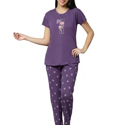 dzzo Cotton Night Suit for Women & Girls with Designed Top & Printed Pyjama Set Half Sleeves | Soft and Stretchy Lightweight Nightwear for Summer | Stylish image 1