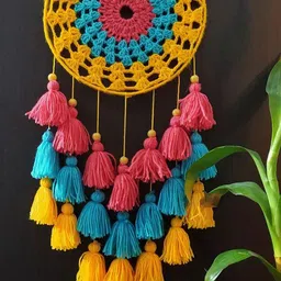 generic Kavya Craft Present Handcrafted Yellow-Sky Blue-Red Tasseled Crochet Dream Catcher image 1