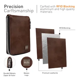 buffs RFID 9-Slot Cardholder Zipper Wallet for Men & Women, Vertical card holder wallet Purse is handcrafted in india I External ID holder I Credit card holder with cash slots, Brown with Black zipper image 3