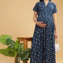 lovely mom's Dual-Zip Printed Cotton Maternity & Nursing Western Dress | Stylish Convenience for Pre & Post Pregnancy Women’s image 3