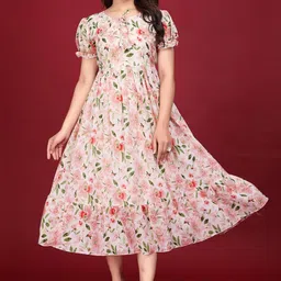 hosi Women's Georgette Floral Printed Puff Sleeve A Line Maxi Dress image 4