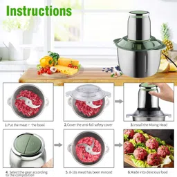 Vinskep Electric Chopper, Meat Grinders with Stainless Steel Bowl Heavy 220W Motor - 2 Speed Modes for Kitchen Food Processor, Meat, Vegetables, Onion, Mince (Electric, 2 Liter) image 3