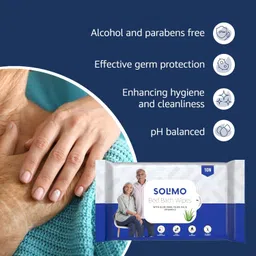 Amazon Brand - Solimo Adult Bed Bath Wipes | Count 100 | 10 Wipes x 10 Packs | With Aloe Vera, Olive Oil & Vitamin E | Advanced Germ Protection | pH Balanced | Alcohol & Parabens Free image 3