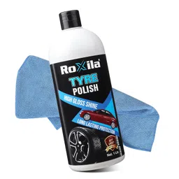 Roxila TYRE POLISH (1liter) with MICROFIBER CLOTH for Car and Bikes Long lasting Result with Long lasting Protection Super Black Shine for Rubber, Plastic Parts, Dullness, Non Greasy image 1