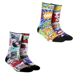 dynamocks Men & Women Crew Length Socks (Comic+Cassettes)(Combo Pack of 2; Multicolour; Anti-Odour; Breathable; Durable) (Small-Fits Shoe Size India/UK 4-7)(Large-Fits Shoe Size India/UK 8-10) image 1