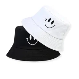 Tomorrow Embroidered Smile Foldable Reversible Bucket Hat Men Women Fisherman Outdoor Cap Panama Bucket Caps Black and White image 3