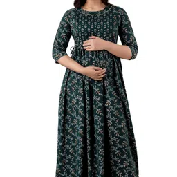 anuom Women's Printed Cotton Maternity Designer Kurti Gown (Green yok gota) image 1