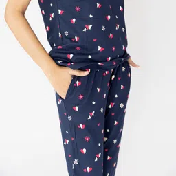 label my Knitted Cotton Women's Bedtime Capri Set | Navy Blue with Hearts & Butterflies | Round Neck, Half Sleeve Top | 3/4 Length Pyjama with Side Pockets | Lightweight, No Shrinkage image 5