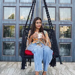 patiofy Wood Square Shape Swing Chair for Balcony, Living Room, Home - Hammock Hanging Swing With Red Square Cushion - Black, 46 Centimeters image 1