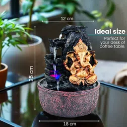 BIANCO Lord Ganesha Waterfall Fountain with LED Lights & Adjustable Water Flow 25Cm | Stress Relief & Positive Energy Décor | Polyresin Tabletop Fountain for Pooja Room, Meditation Home & Office Décor image 4