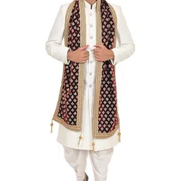 parangat Men's Velvet Gold Print Sherwani Dupatta with Tassels (Maroon,Free Size) image 1