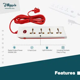 Hillgrove HGCM305M1 Power Extension Board with 4 Universal Socket and 1 Switch with Philip 2in1 Screwdriver and 5 Meter Long Cable Surge Protector for Home/Computer/Fridge 4 Socket Extension Boards image 4