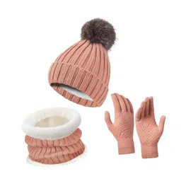club bollywood Winter Hat Scarf Gloves Set Winter Cap Neck Warmer for Running Skiing Hiking Pink image 2